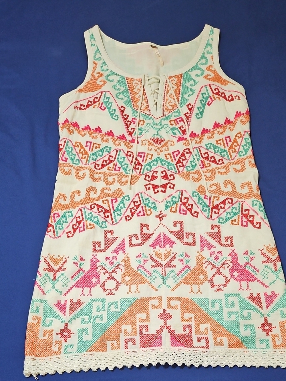Free People Aztec Shift Dress with Pink, Orange & Teal Embroidery